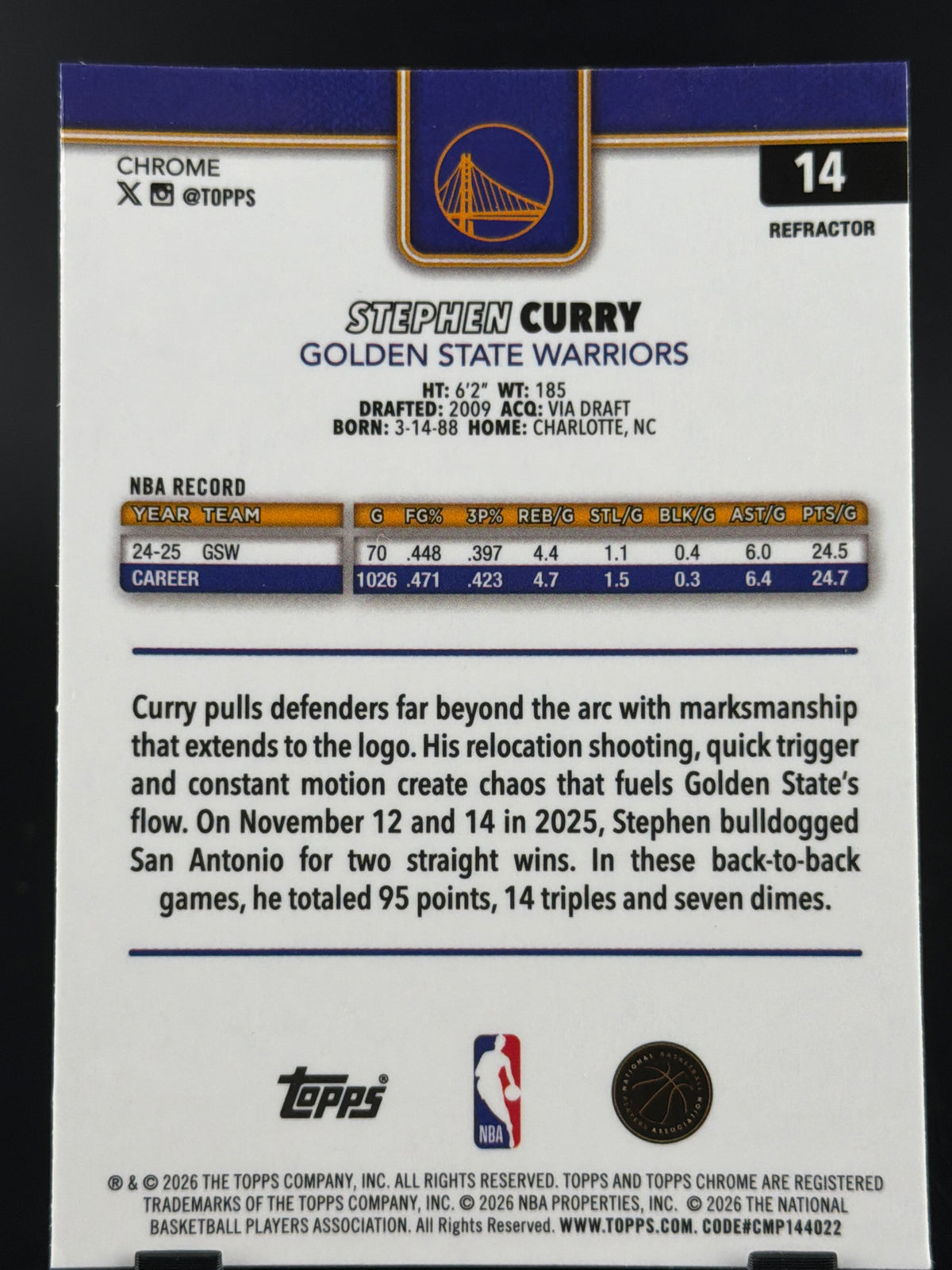 2026 Topps Chrome Basketball Stephen Curry #14 Refractor