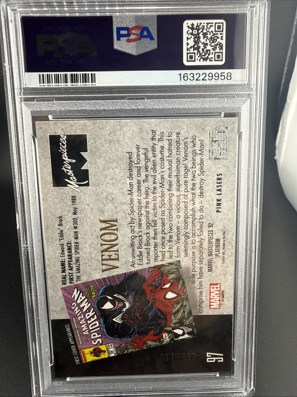 2024 Marvel Masterpieces '92 Platinum Venom #97 Pink Lasers /992 PSA 9