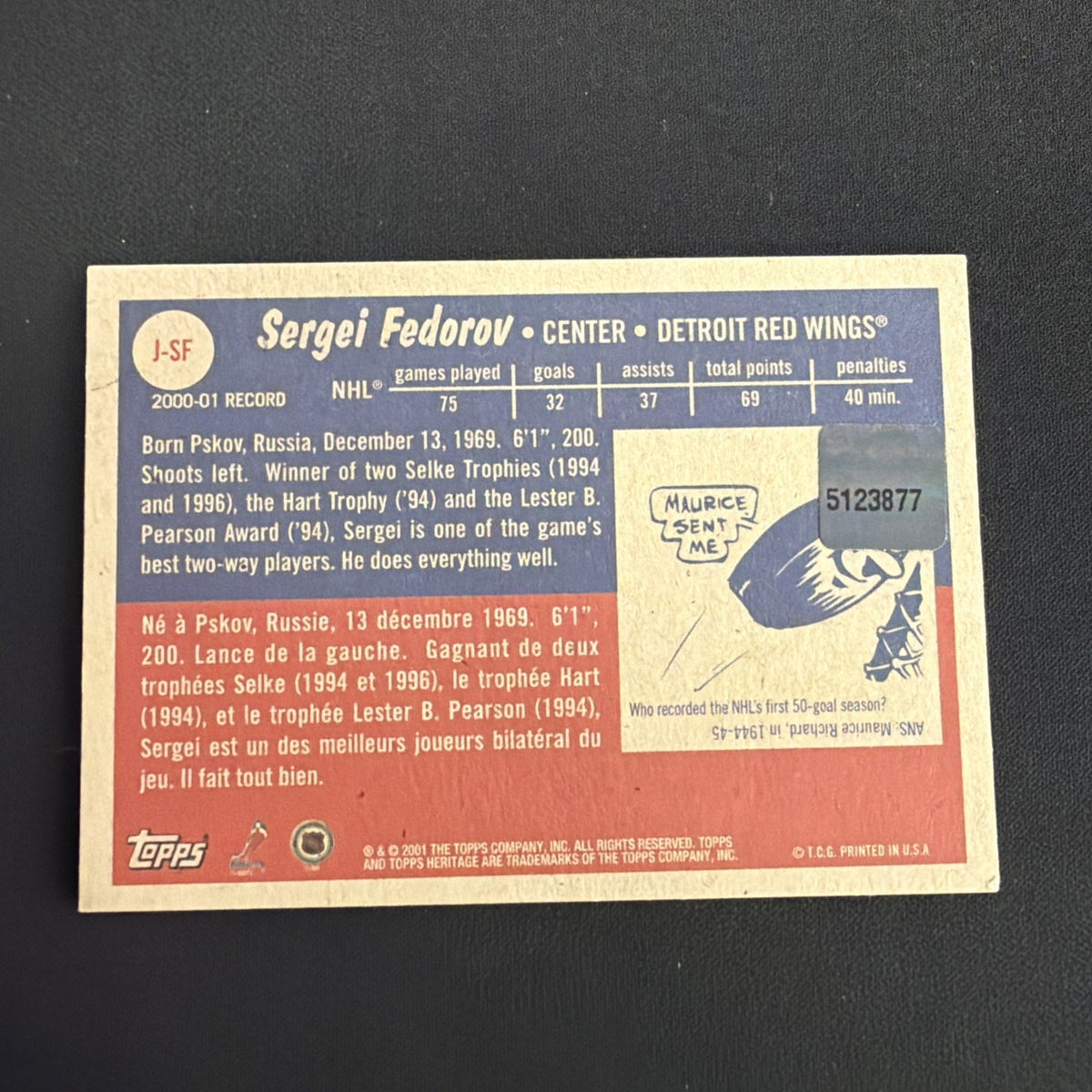 2001-02 Topps Heritage - Jerseys Sergei Fedorov #J-SF (MEM)