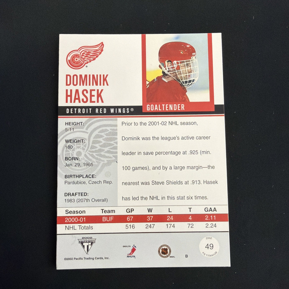 2001-02 Pacific Private Stock Titanium - Dominik Hasek #49 Premiere Date /94