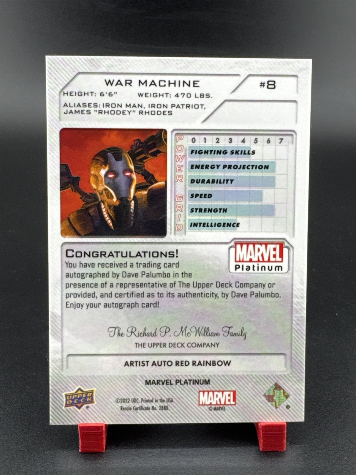 2023 Marvel Platinum ARTIST AUTO Red Rainbow #8 War Machine Auto By Dave Palumbo