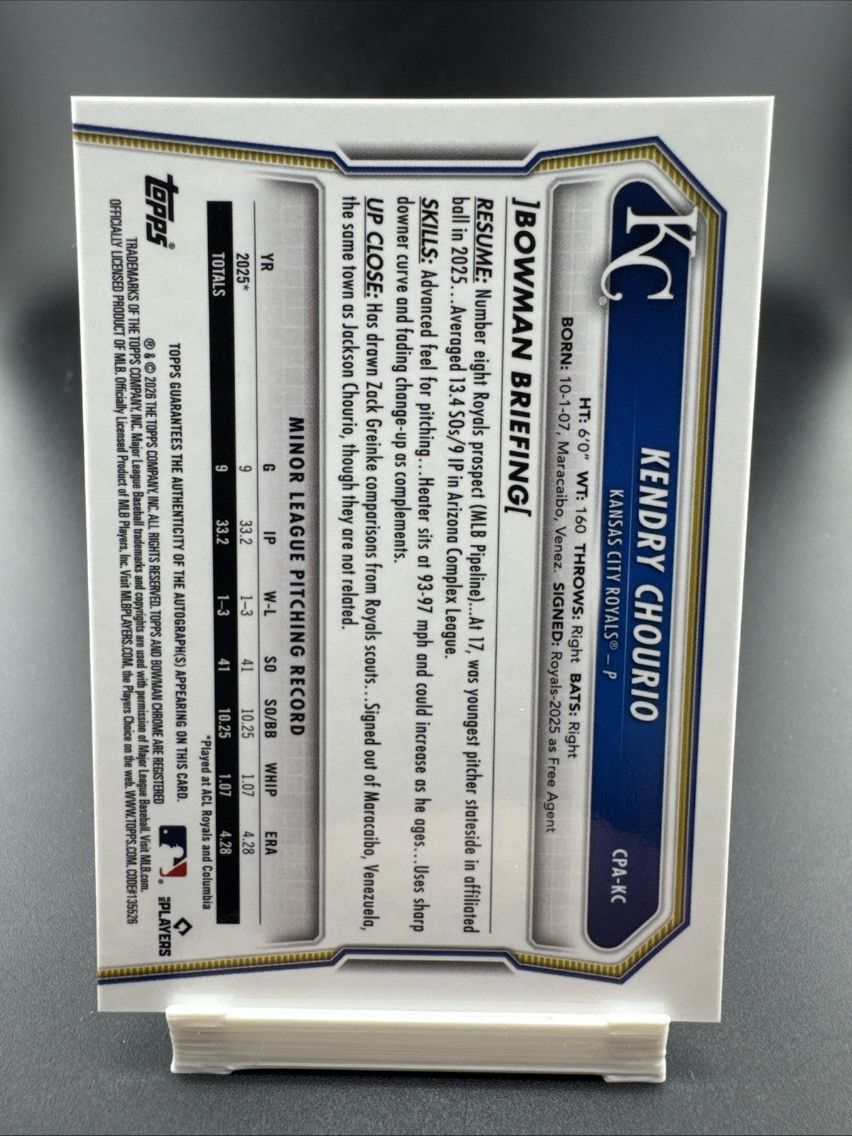 2026 Bowman Kendry Chourio Chrome Auto Aqua Refractor 1st Prospect #/125 Royals