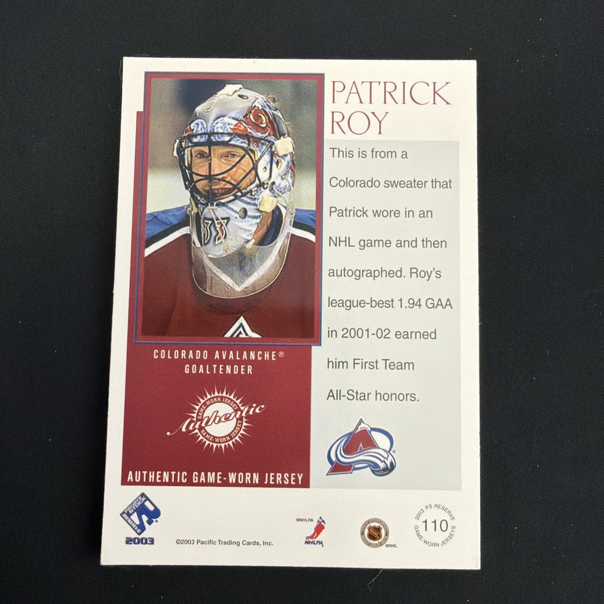 2002-03 Pacific Private Stock Reserve - Patrick Roy #110 /475 (MEM)