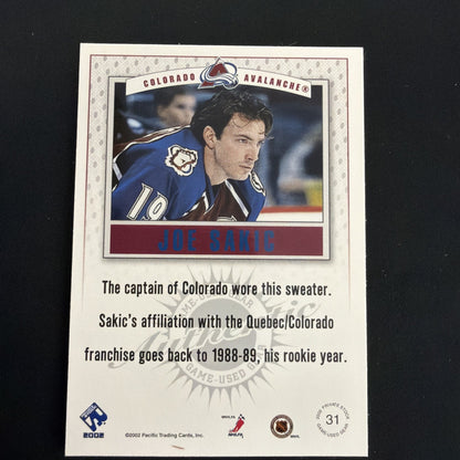 2001-02 Pacific Private Stock - Game-Used Gear Joe Sakic #31 (MEM)