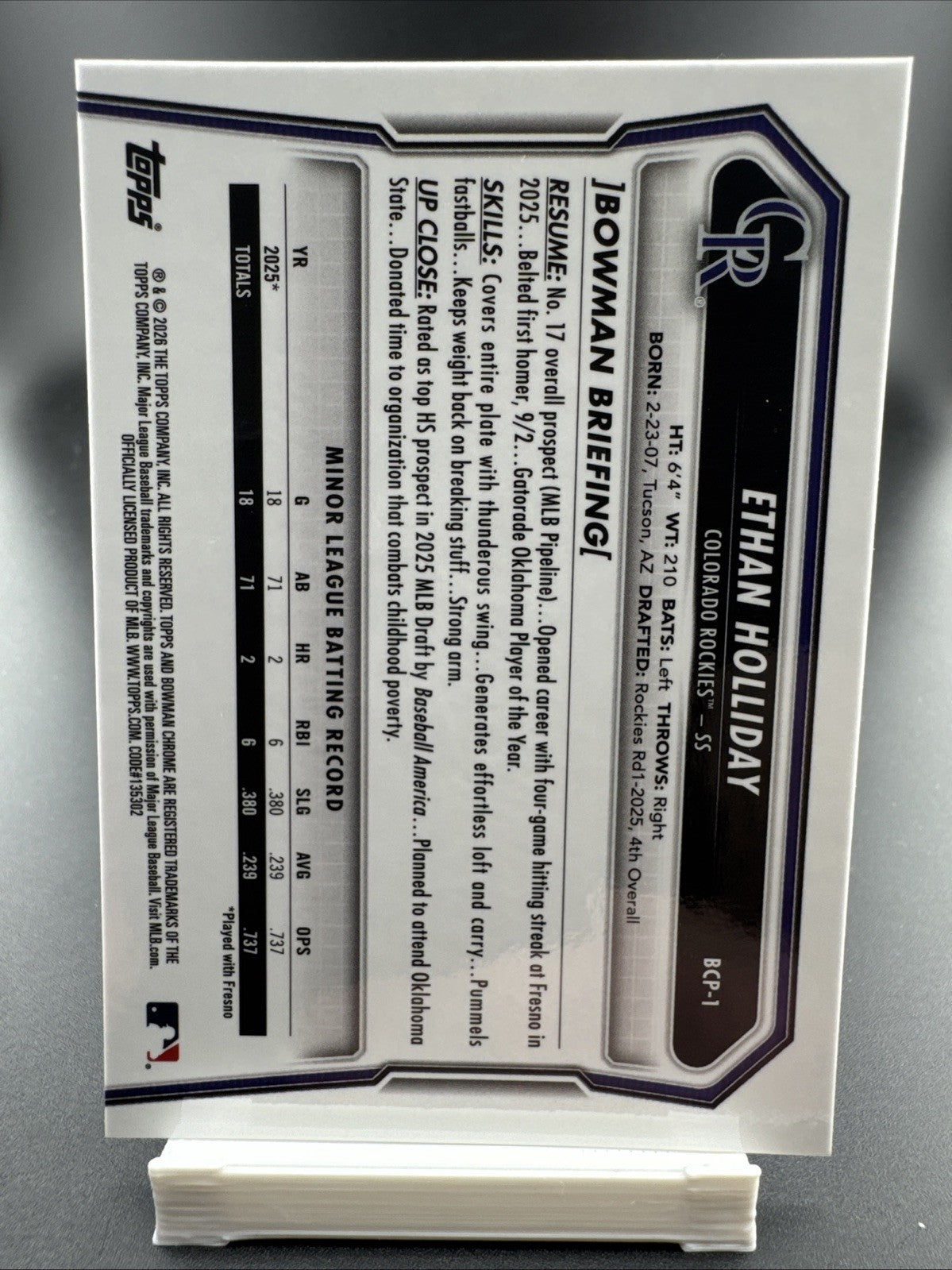 2026 Bowman 1st Ethan Holliday Steel Metal Refractor /100 Colorado Rockies #BCP1