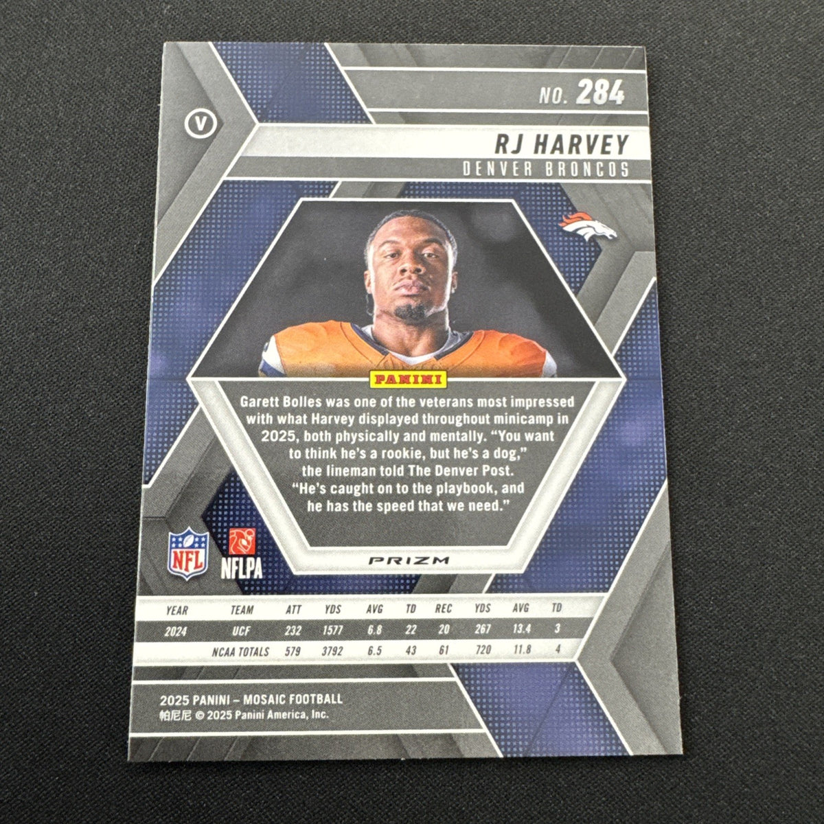 2025 Panini Mosaic Rookie Variations RJ Harvey Honeycomb Prizm #284 Broncos NFL