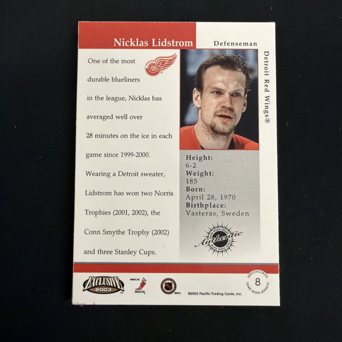 2002-03 Pacific Exclusive - Game-Worn Jerseys Nicklas Lidstrom #8 (MEM)