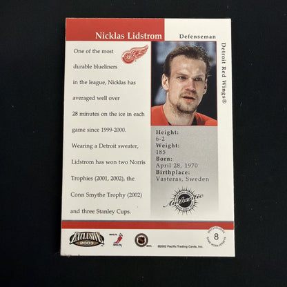 2002-03 Pacific Exclusive - Game-Worn Jerseys Nicklas Lidstrom #8 (MEM)
