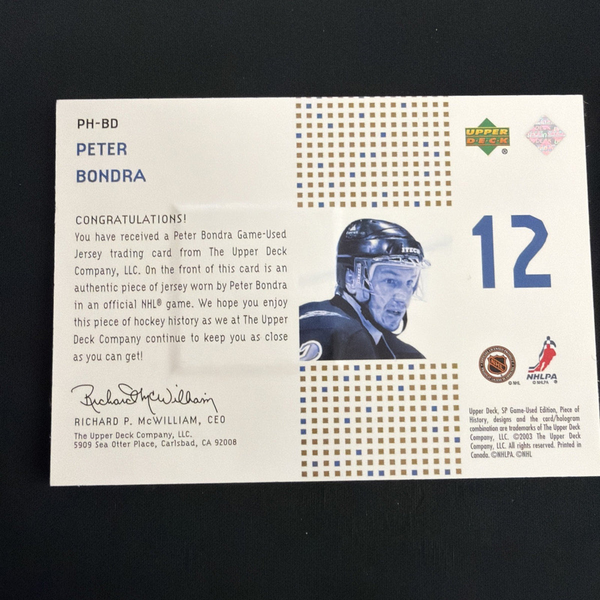 2002-03 SP Game Used - Piece of History Peter Bondra #PH-BD Gold /99 (MEM)