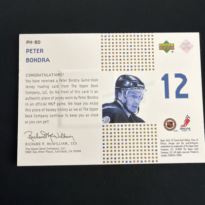 2002-03 SP Game Used - Piece of History Peter Bondra #PH-BD Gold /99 (MEM)