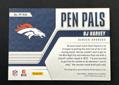 2025 Panini Donruss Elite Pen Pals Blue Ink RJ Harvey #PP-RJH Rookie Auto RC