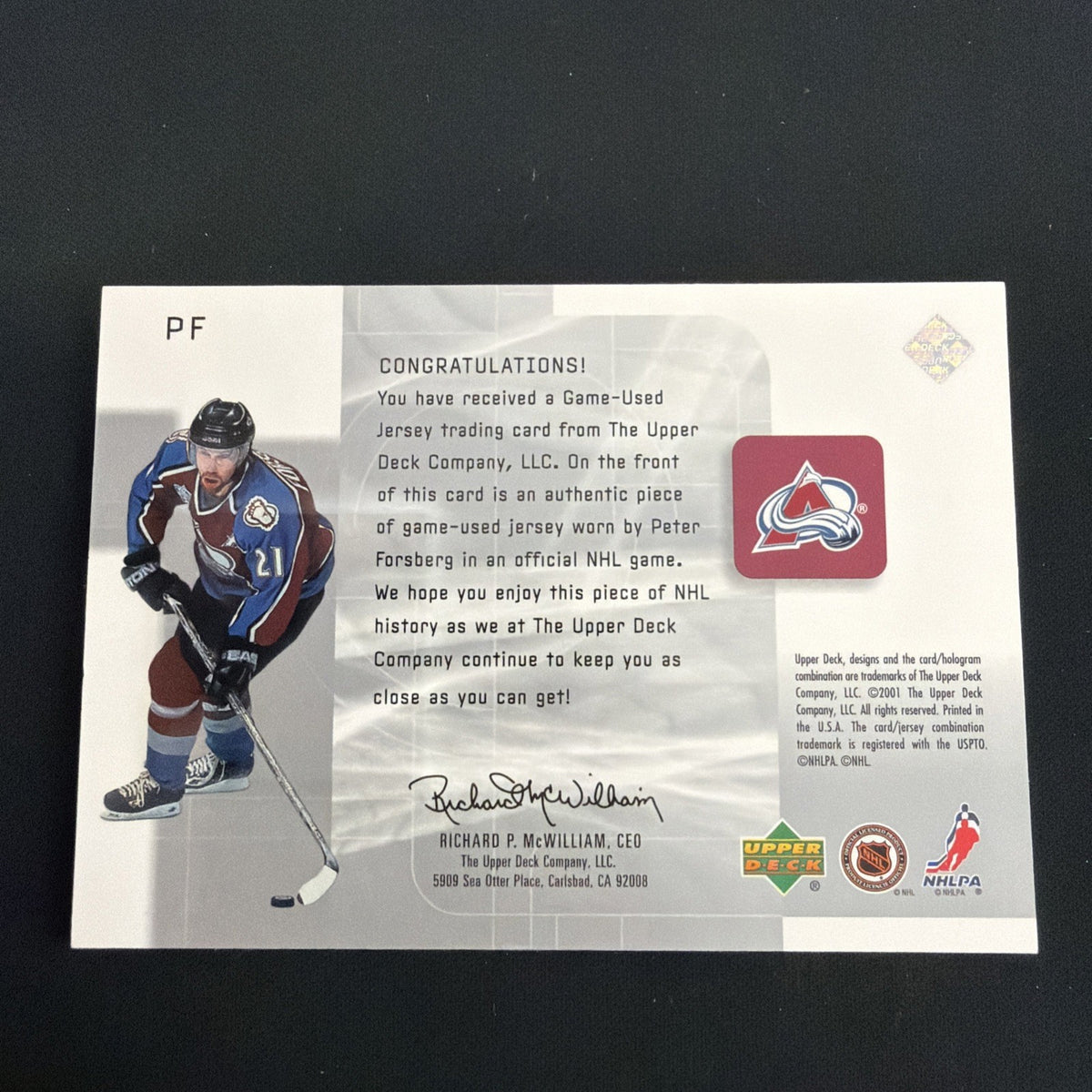 2001-02 Upper Deck Top Shelf - Game-Used Jerseys Peter Forsberg #PF (MEM)
