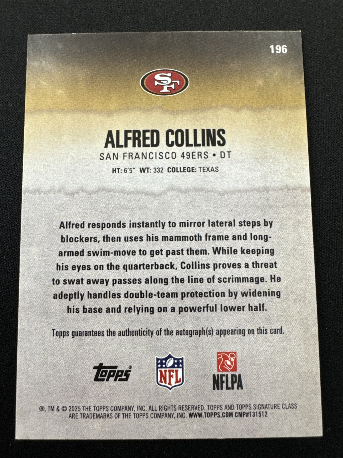 Topps 2025 Signature Class Alfred Collins RC Auto 25/25 49ers #196
