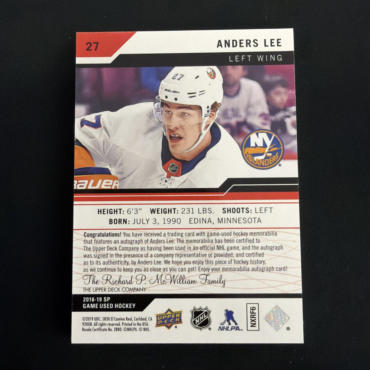 2018-19 Upper Deck SP Game Used - Anders Lee #27 Spectrum Red Auto Premium...