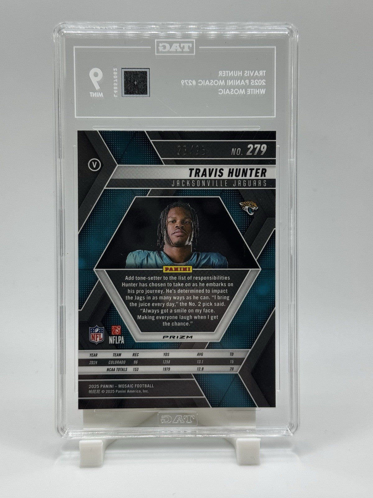 2025 Panini Mosaic Travis Hunter /25 White Prizm Rookie Variation TAG 9 RC #279