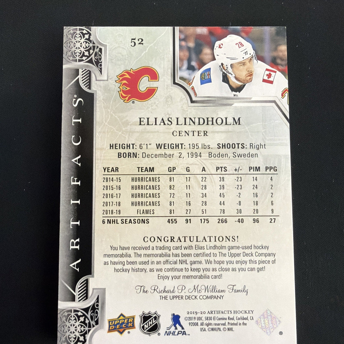 2019-20 Upper Deck Artifacts - Elias Lindholm #52 Purple /25