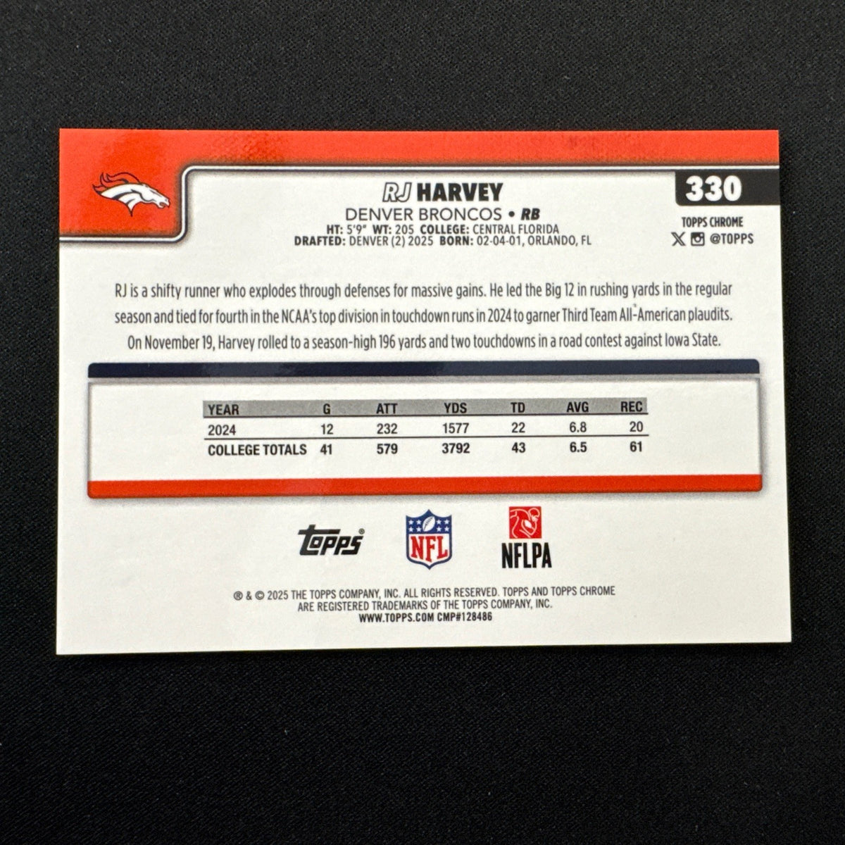 /25  RJ Harvey Broncos #330 Rookie Orange Parallel Color Match Topps Chrome 2025