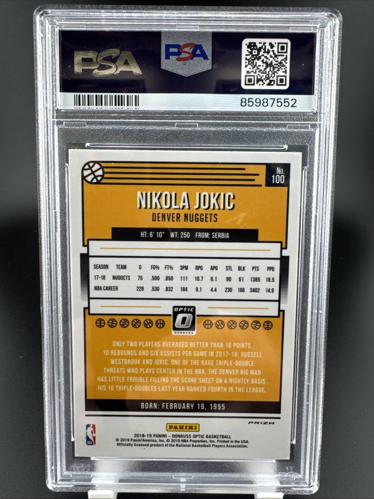 2018-19 Panini Donruss Optic Purple Prizm Nikola Jokic #100 PSA 9