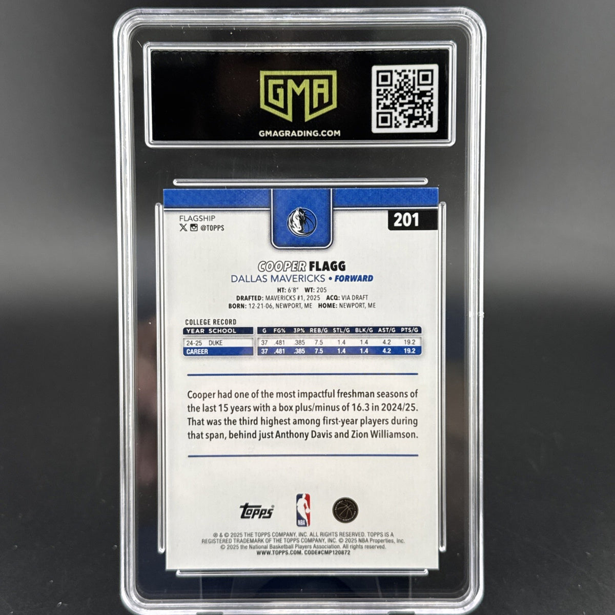2025 Topps Cooper Flagg Dallas Mavericks Rookie Basketball Card #201 GMA 10