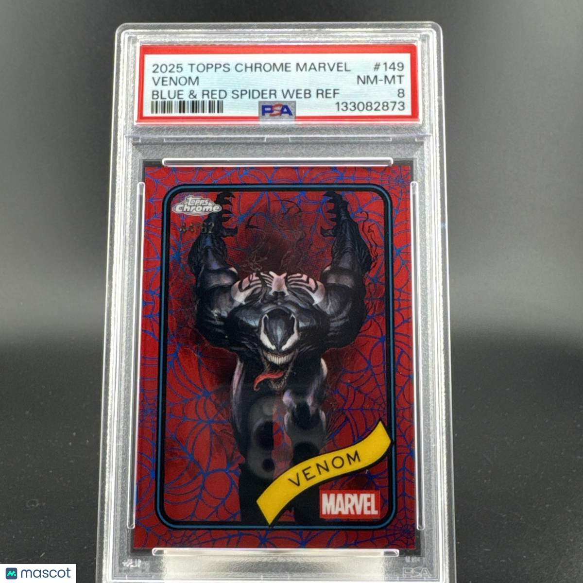 2025 Topps Chrome Marvel Venom #149 Blue & Red Spider Web Refractor /62 PSA 8