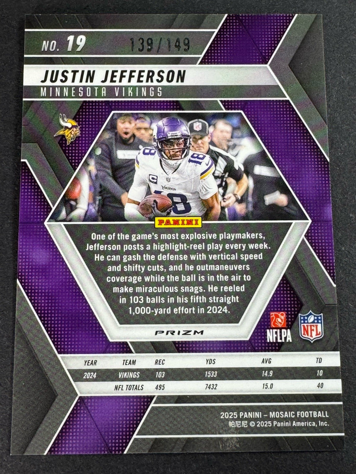 2025 Mosaic Football JUSTIN JEFFERSON Silver Knight Prizm /149