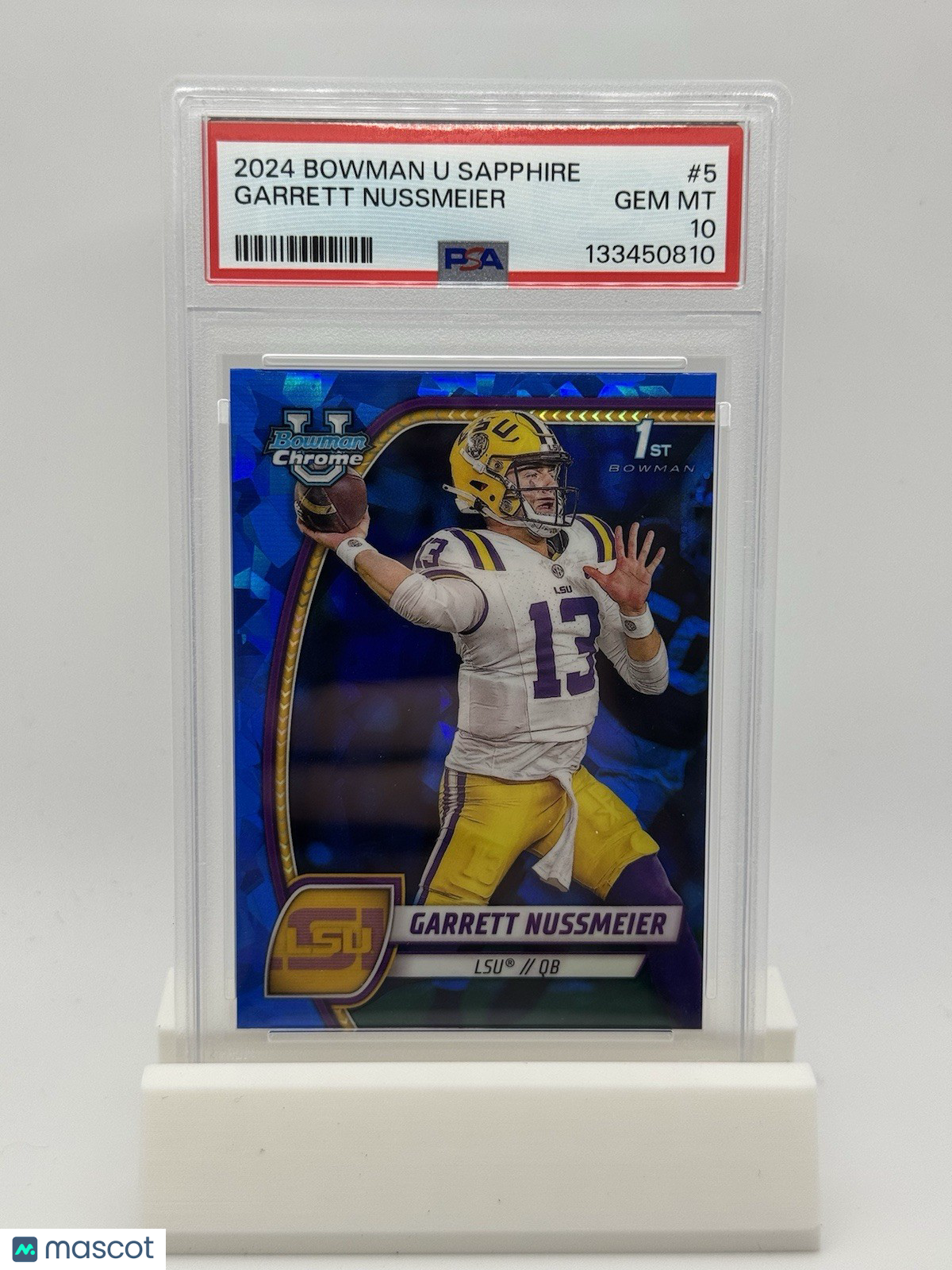 Garrett Nussmeier 2024 Bowman University Sapphire 1st #5 PSA 10 LSU NFL Draft