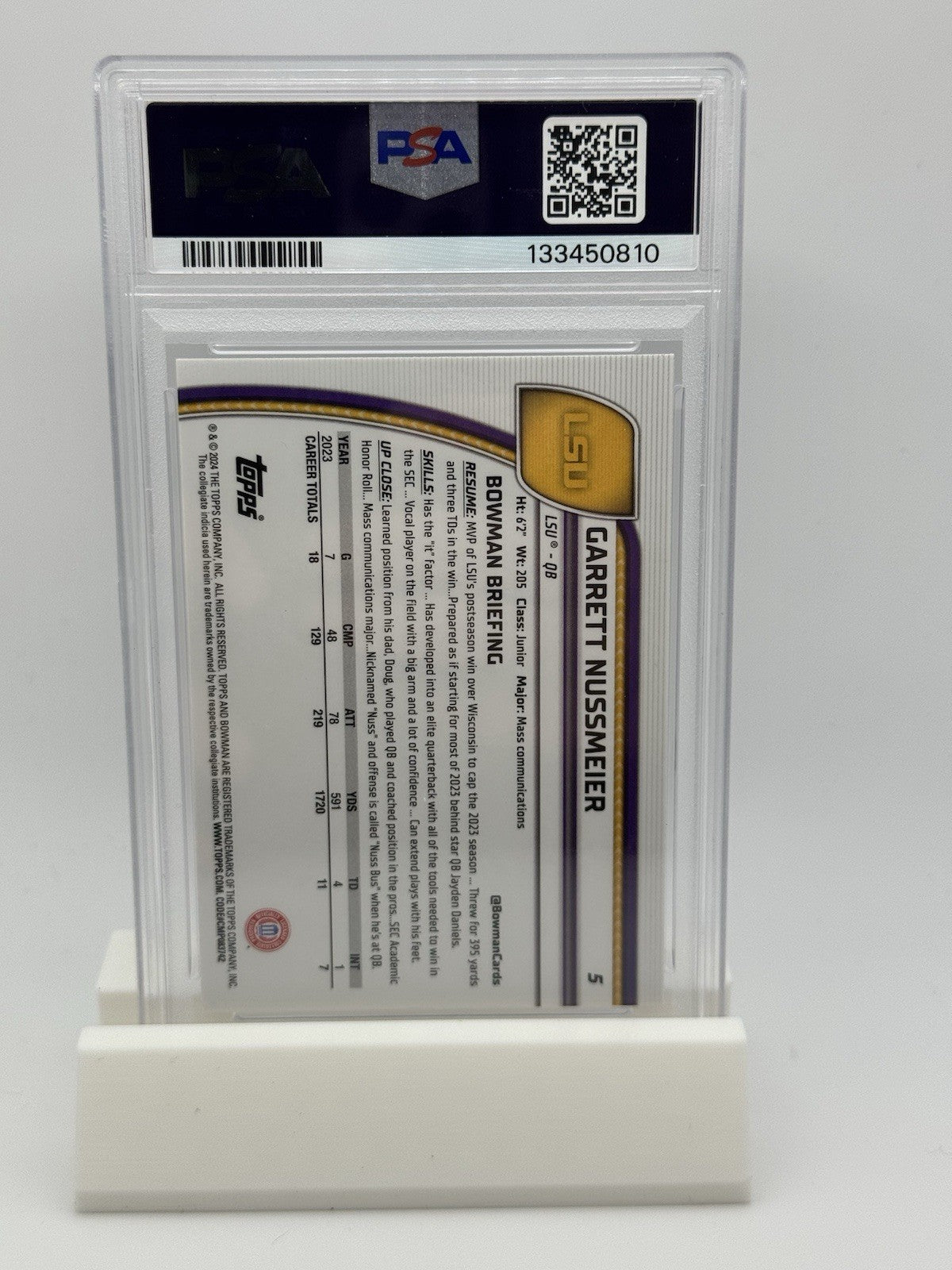 Garrett Nussmeier 2024 Bowman University Sapphire 1st #5 PSA 10 LSU NFL Draft