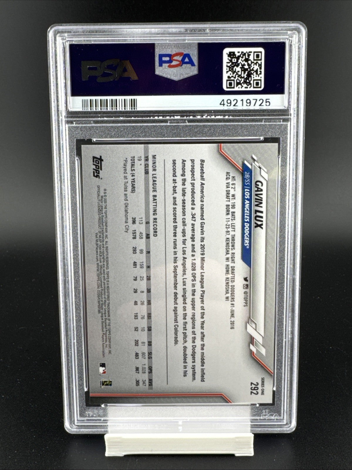 2020 Topps - Gavin Lux #292 Batting (RC) PSA 10