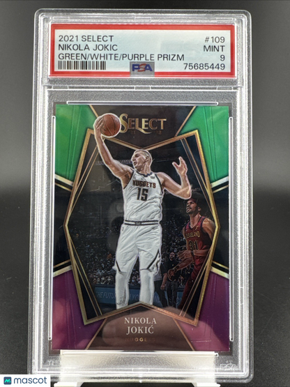 2021-22 Panini Select Green, White and Purple Prizm #109 Nikola Jokic PSA 9