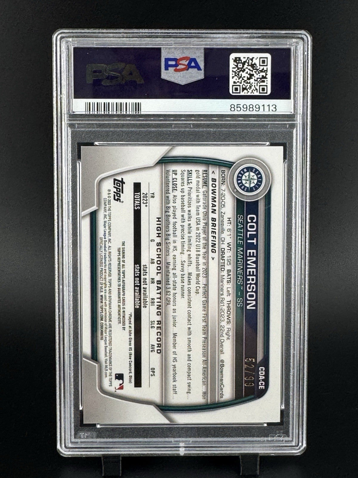 2023 Bowman Chrome Draft Colt Emerson Green Refractor Auto #45/99 PSA 10 Gem Mnt