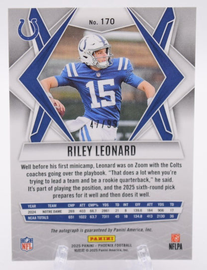 2025 Panini Phoenix Riley Leonard #170 Red Auto /99 RC Colts