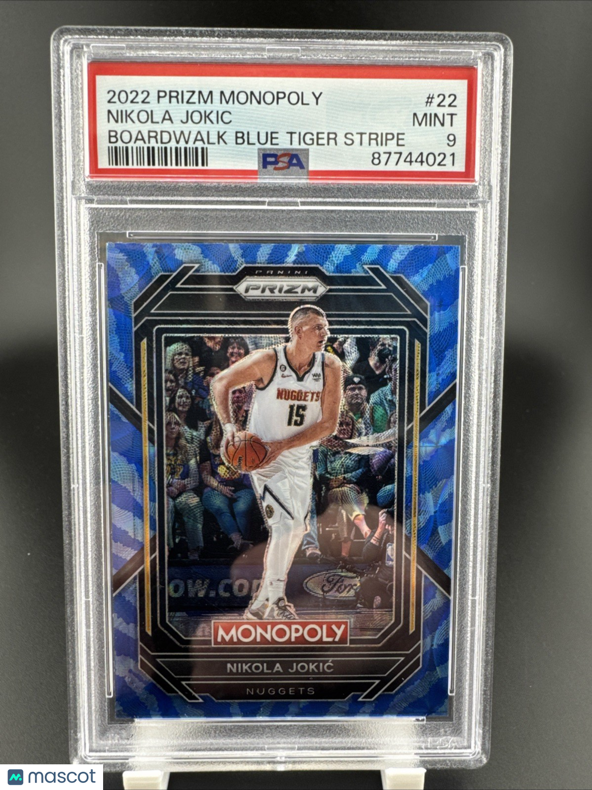 2022 Prizm Monopoly Nikola Jokic Boardwalk Blue Tiger Stripe #22 PSA 9