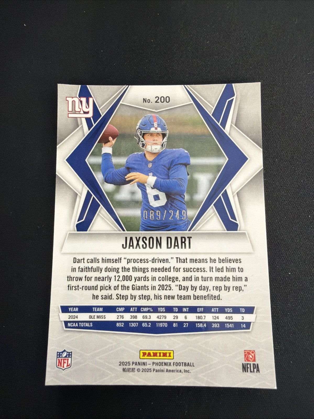 2025 Panini Phoenix - Rookies Jaxson Dart #200 Purple Winter /249 (RC)