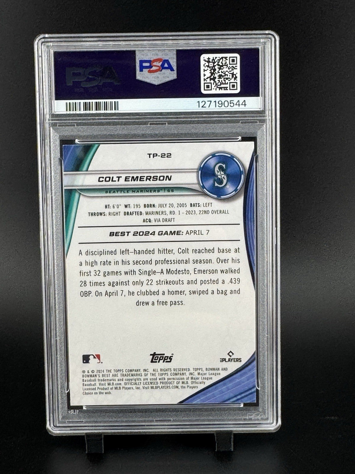 2024 Bowman's Best Top Prospects Colt Emerson #TP-22 Blue Refractor /150 PSA 10