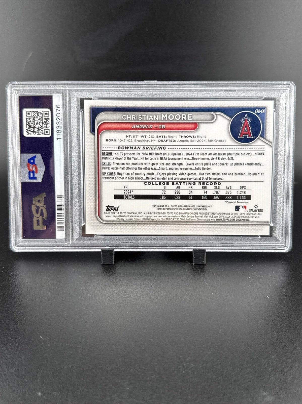 2024 Bowman Draft Chrome Prospect Autographs Christian Moore #CPACM PSA 9