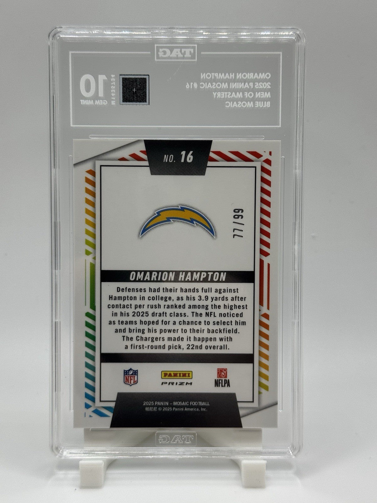 2025 Mosaic #16 Omarion Hampton Men of Mastery Mosaic Blue #/99 TAG 10 GEM MINT