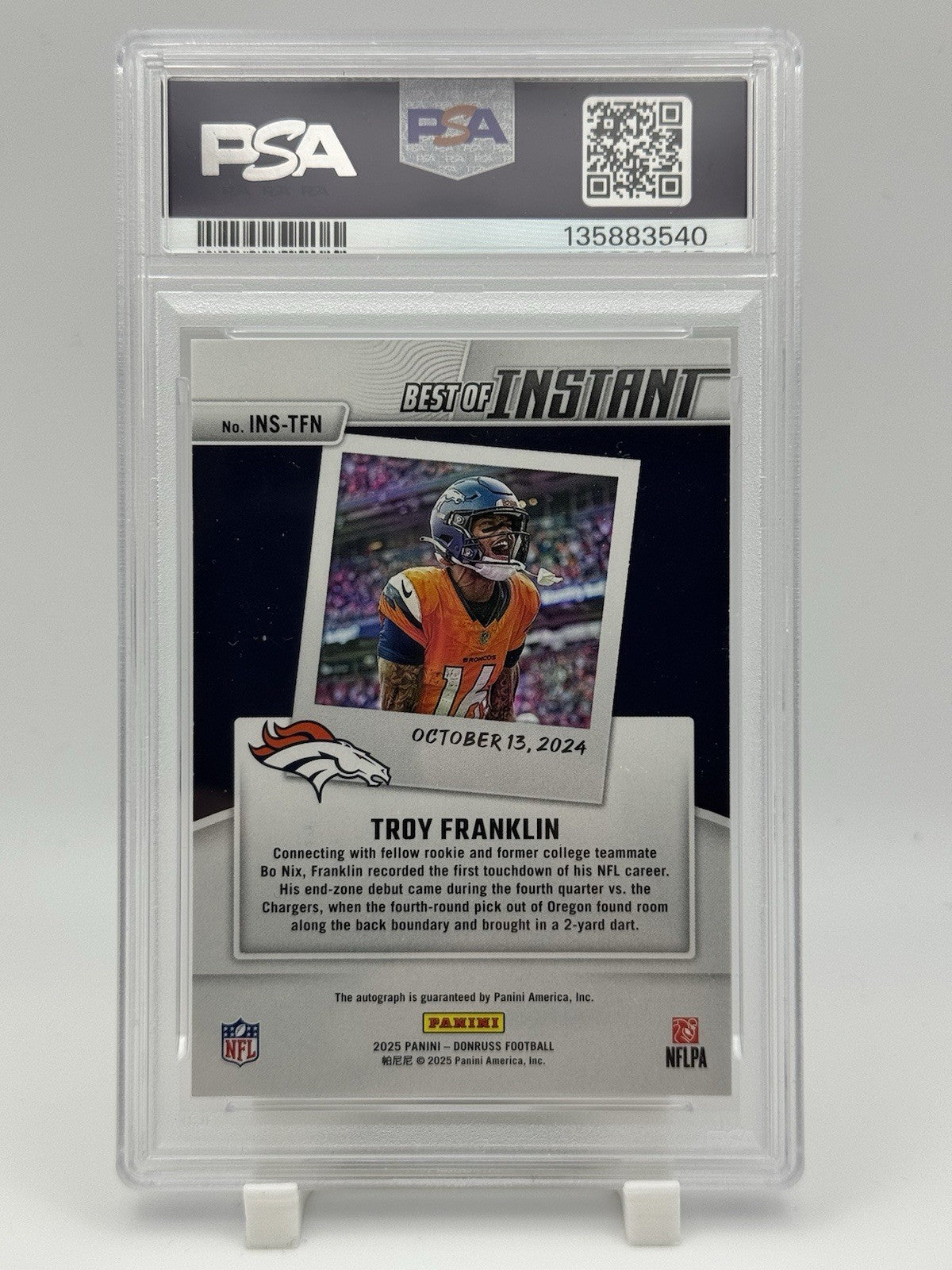 TROY FRANKLIN  2024 PANINI DONRUSS INSTANT BEST OF AUTOGRAPH PSA 10 First NFL TD