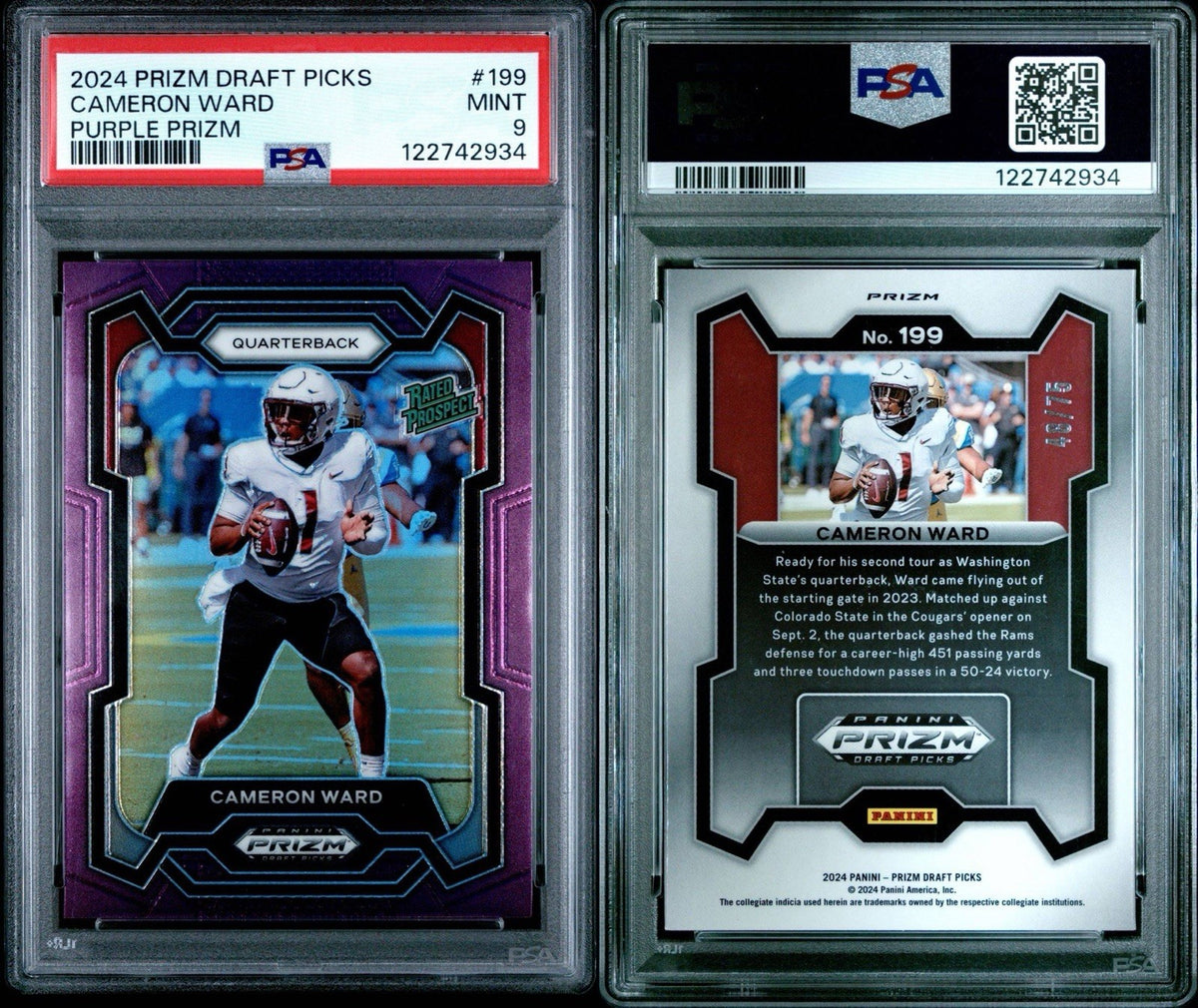 2024 Prizm Draft Picks Cam Ward Purple Prizm #'d 48/75 Rated Prospect #199 PSA 9