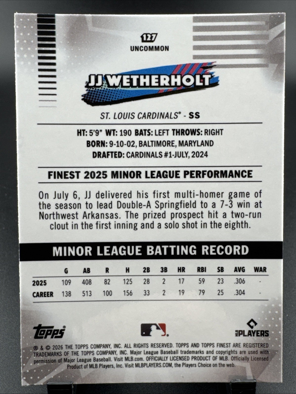 2026 Topps Finest Jj Weatherholt Uncommon RC St. Louis Cardinals X-fractor