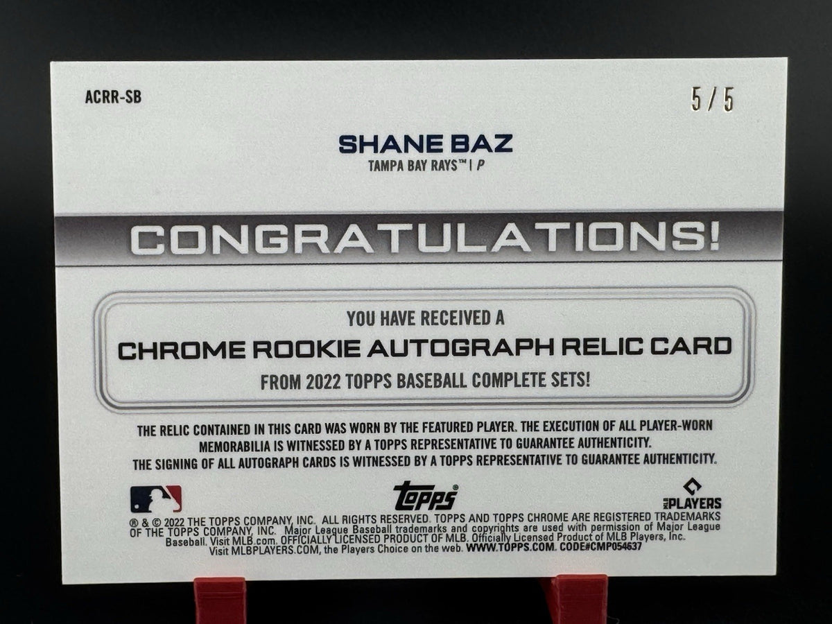 2022 Topps Chrome Shane Baz Tampa Bay Rays Autographed Relic RC Card 3/5 ACRR-SB