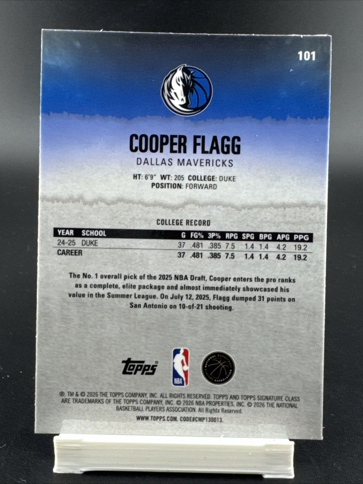 2025-26 Topps Signature Class #101 Cooper Flagg Rookie Round 1 Pick 1