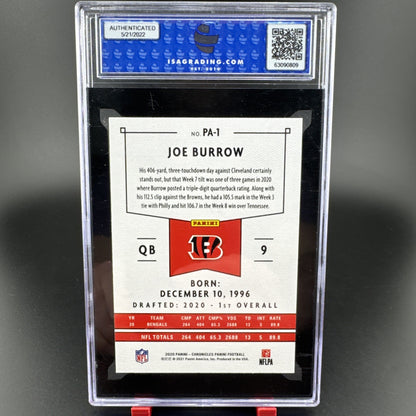 2020 Panini Chronicles JOE BURROW Rookie RC #PA1 ISA 9
