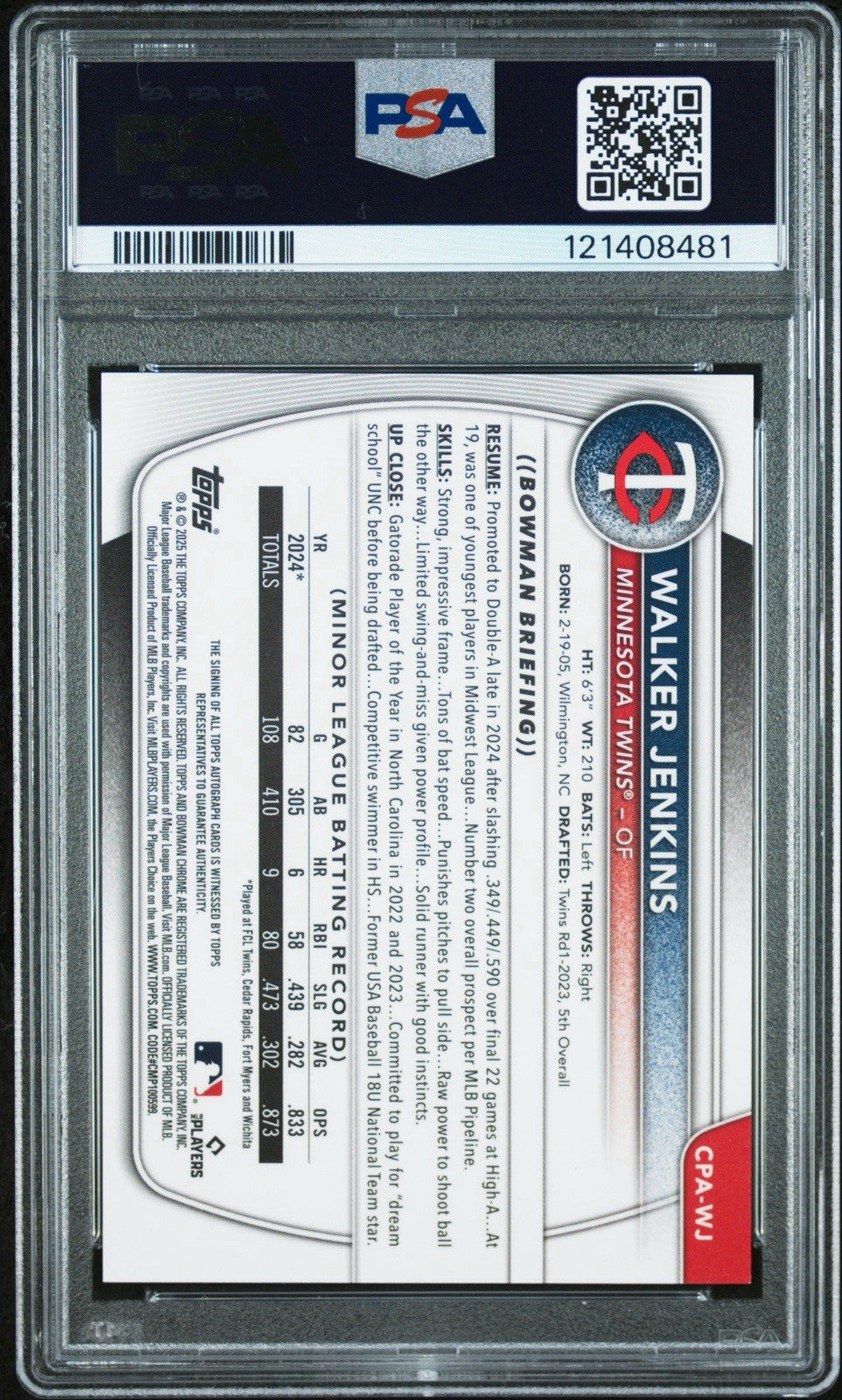 2025 Bowman - Chrome Prospect Autographs Walker Jenkins #CPA-WJ Green Lava...