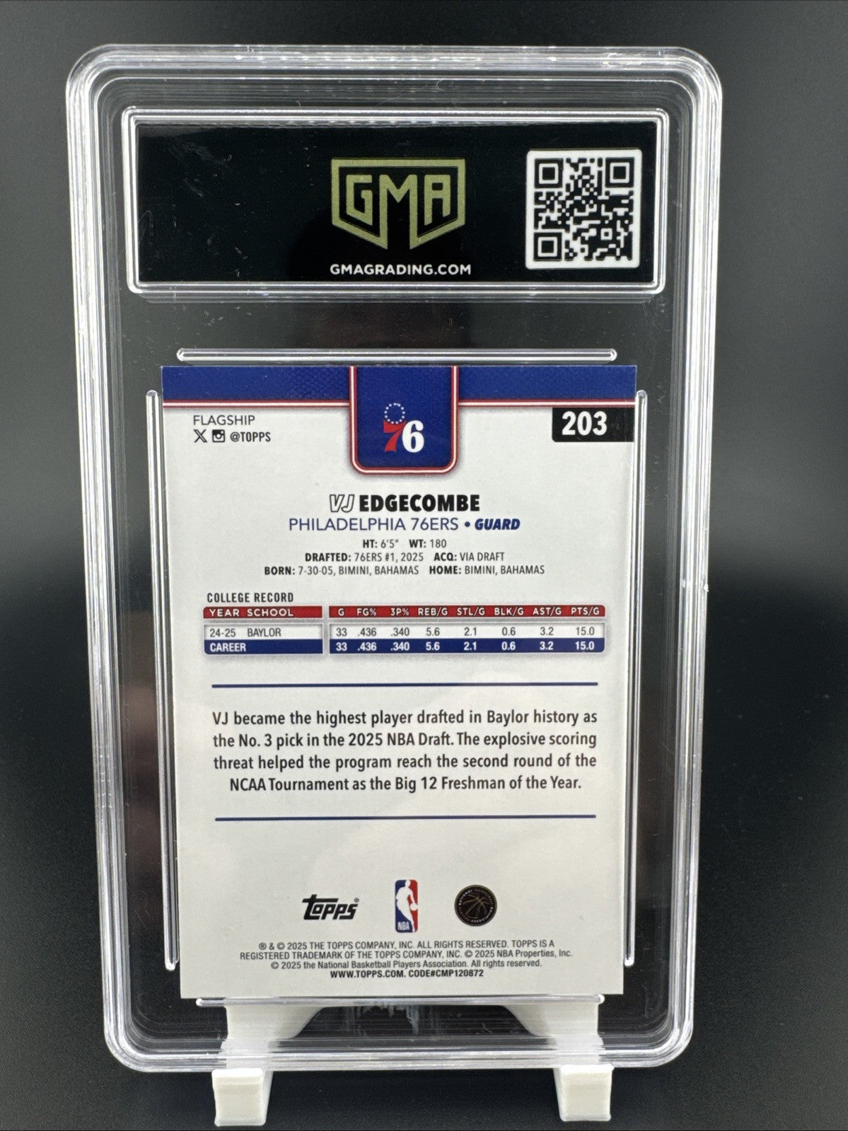 2025-26 Topps VJ Edgecombe #203 RC GMA GM 10 Philadelphia 76ers