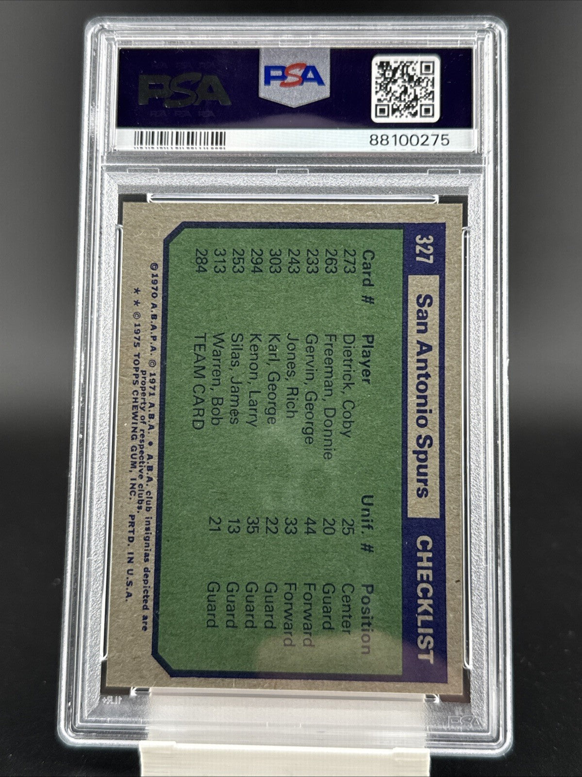 1975-76 Topps - Team Checklist San Antonio Spurs #327 PSA 8