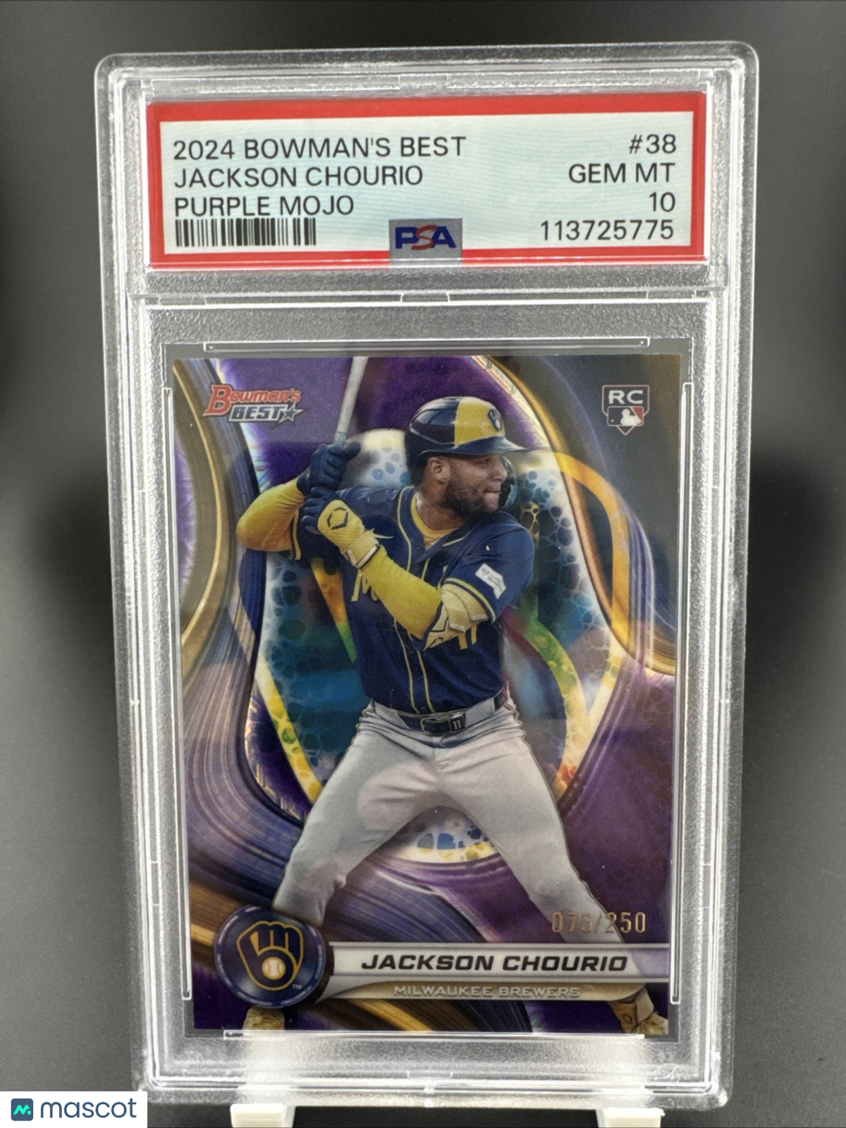 2024 Bowman’s Best Jackson Chourio #38 Purple Mojo 76/250 PSA GM 10