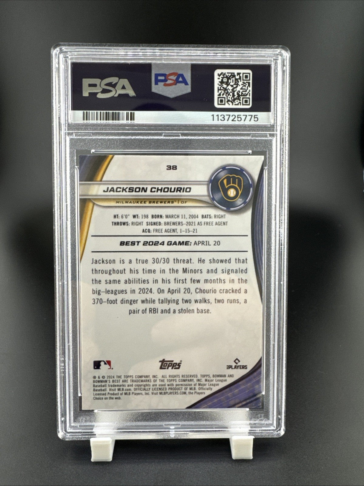 2024 Bowman’s Best Jackson Chourio #38 Purple Mojo 76/250 PSA GM 10