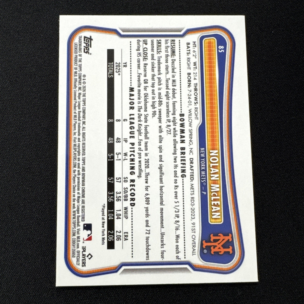 Nolan McLean 2026 Bowman Chrome RED ROOKIE LOGO Refractor RC #85 Mets