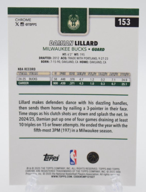 2025-26 Topps Chrome Damian Lillard Gold Wave 43/50 Bucks