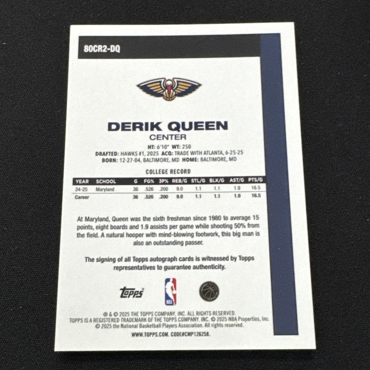 2025-26 Topps Flagship Derik Queen Silver Pack Mojo Rookie Auto NO Pelicans RC